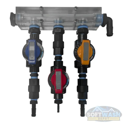 (3 Port & 4 Port) - Clear Acrylic Soft Washing Mixing Proportioner with Precision Flow Valves